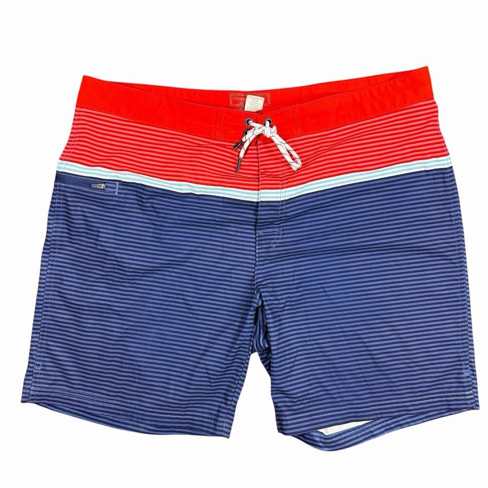 Vineyard Vines Board Shorts Men 38 Red Blue Striped Swim Trunks Performance 7”